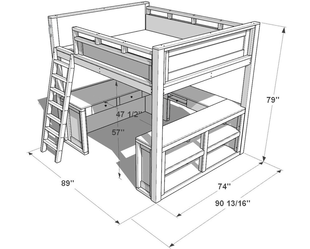 Diagram of loft bed frame dimensions, lumber types, desk layout, and storage measurements for planning
