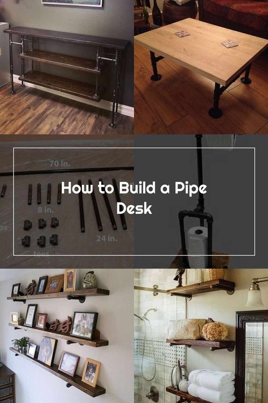 Pipe desk planning setup with tape measure, wood boards, pipe fittings, and a desktop computer tower