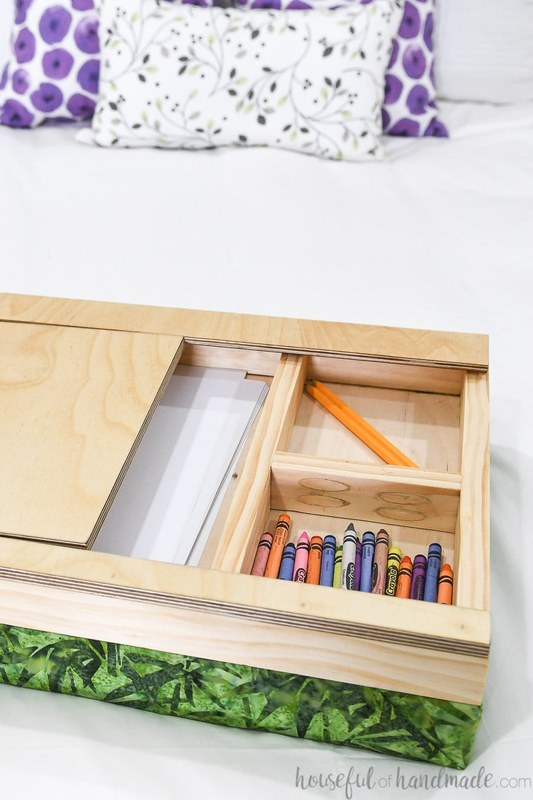 Step-by-step lap desk with storage build showing wood pieces, tools, and assembly on a workbench