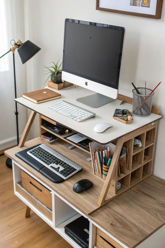 Standing desk with shelves sized to fit a home office corner, showing clearances and storage placement