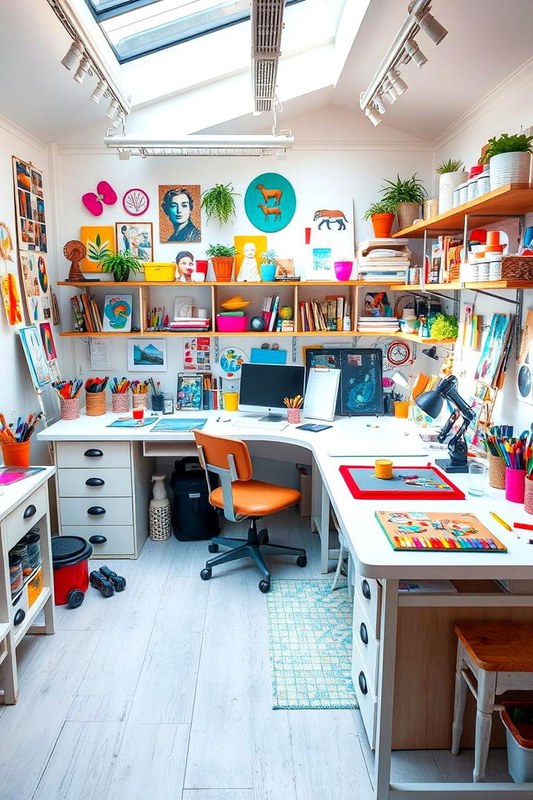 Organized artist desk with sketchbooks, pencils, paintbrushes, and storage trays arranged neatly