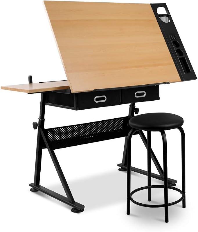 Artiss Adjustable Drawing Table and Stool with Metal Base for Art Craft Drafting