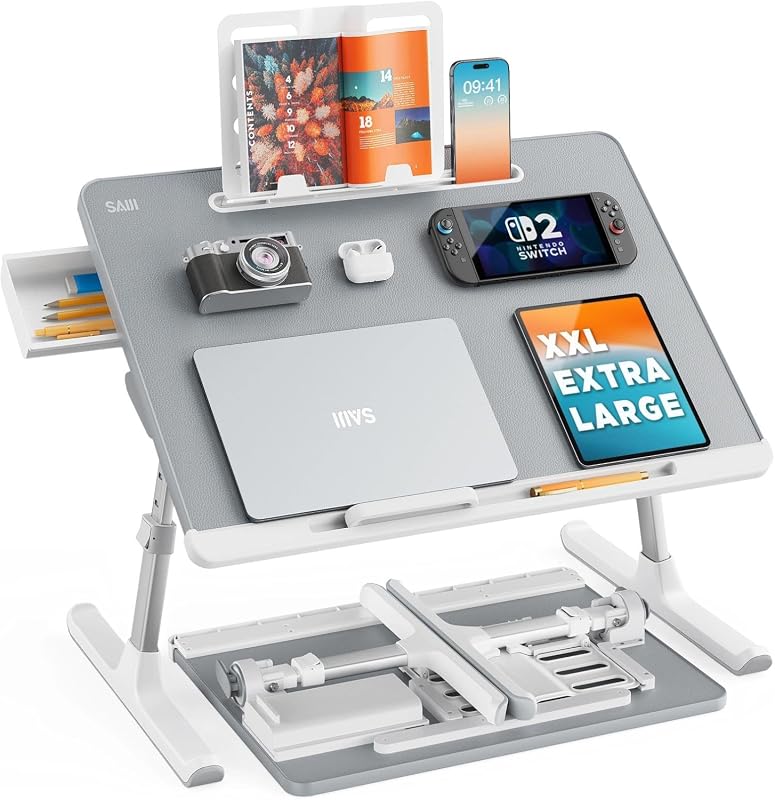 SAIJI Adjustable Laptop Tray Table for Bed with Book Stand, Drawer and Tablet Slot