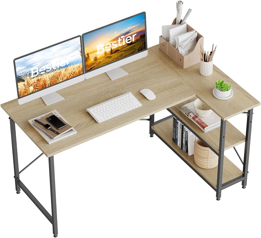 Bestier 55-Inch L-Shaped Desk with Storage Shelves, Oak Corner Workstation for Home Office