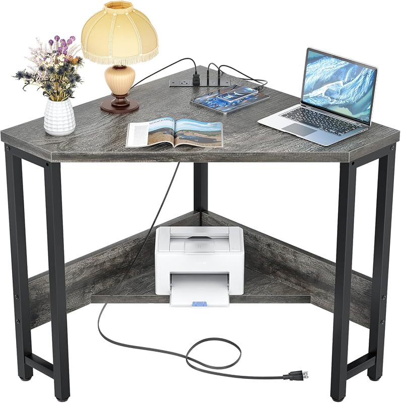 Armocity Small Corner Desk with Outlets, USB Ports and Storage for Home Office