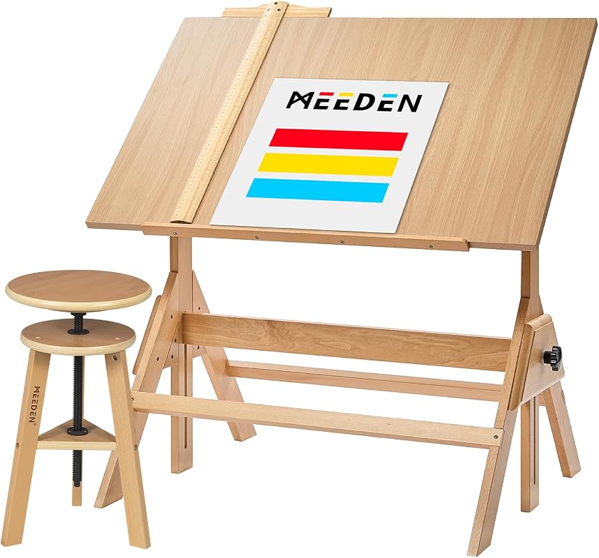 MEEDEN Wood Drafting Table with Stool, 35.5 x 23.5 Inch Adjustable Art Desk