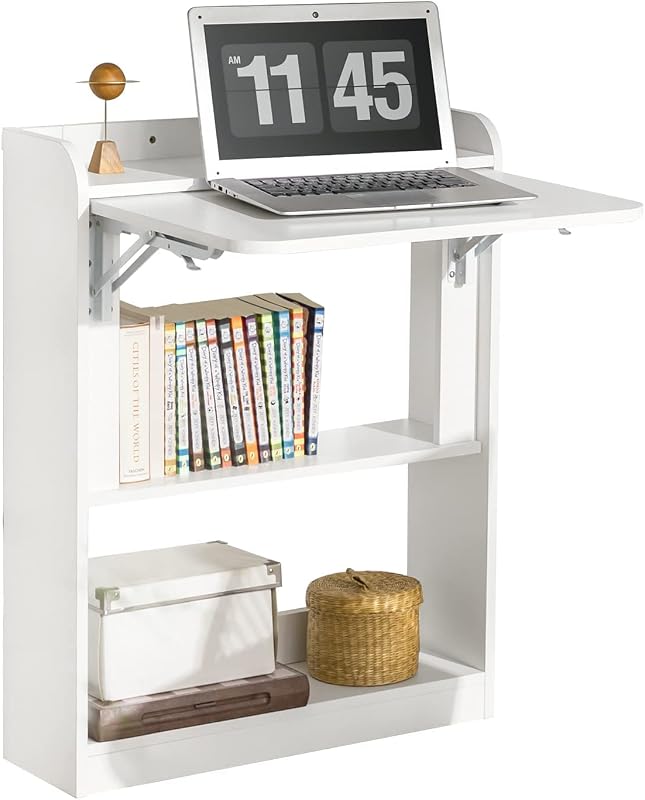 SoBuy FWT92-W folding desk with storage shelves for small spaces
