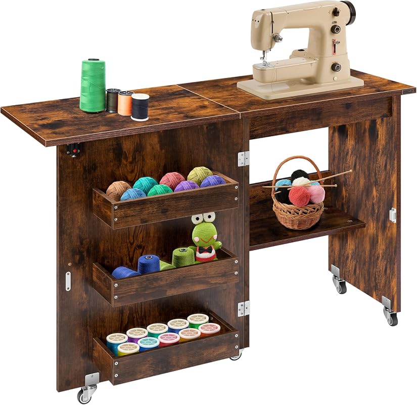 VIVOHOME Folding Sewing Table with Storage for Sewing Machine and Craft Organization