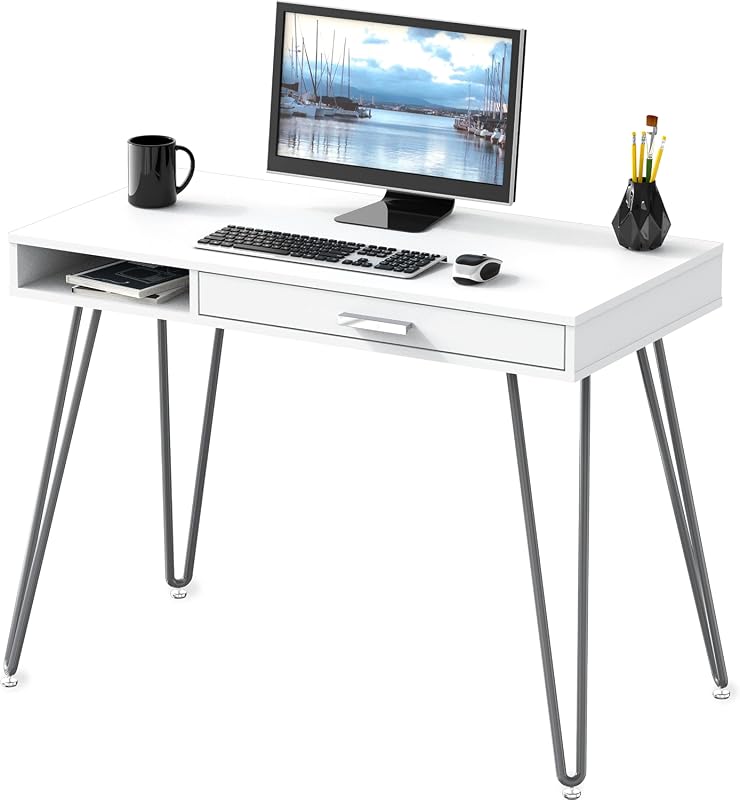 SHW White Desk with Drawer and Hairpin Legs for Home Office, 100 x 50 cm