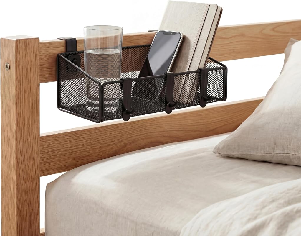Bedside Shelf Storage Basket with Hooks for Bunk Bed, Dorm, Office and Home Use