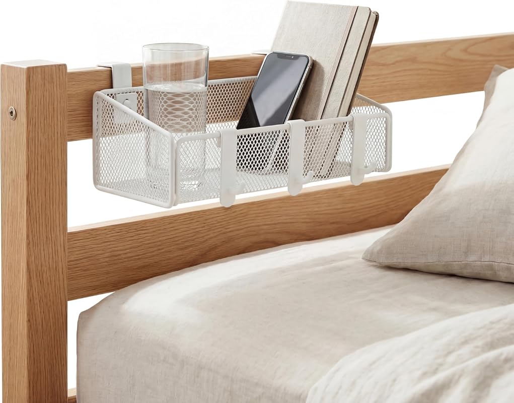 Bedside Shelf Storage Basket with Hooks for Bunk Bed, Dorm, Office and Home Use