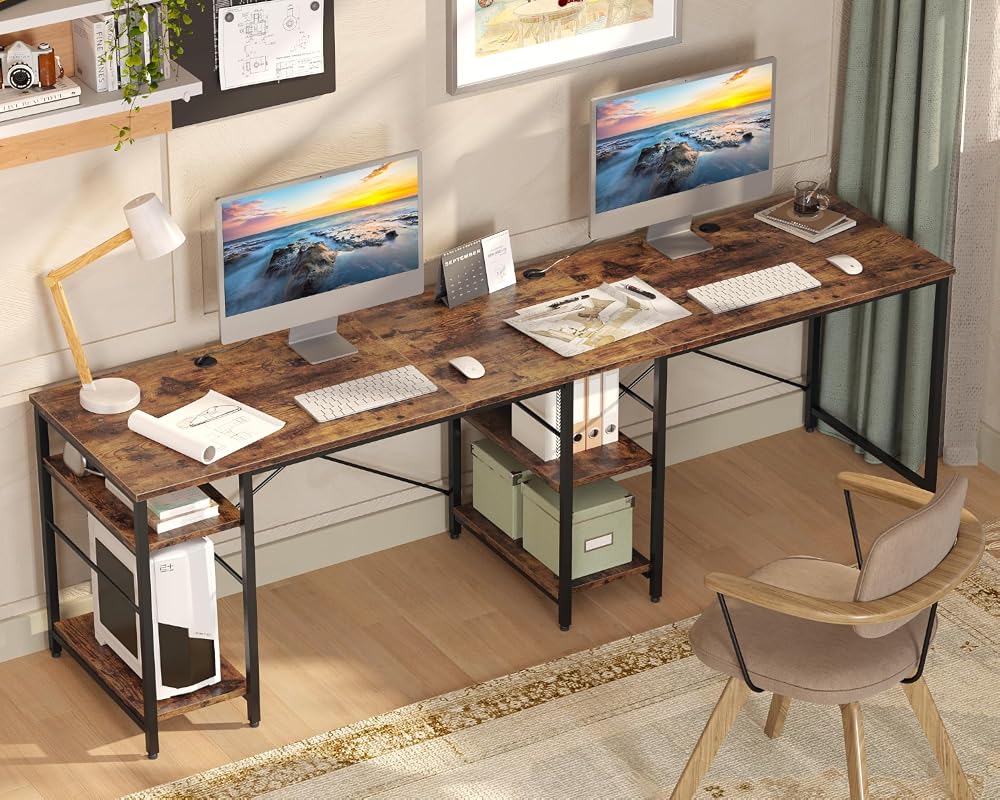 Bestier Reversible L-Shaped Desk, 95.2-Inch Corner Workstation with Shelves for Two-Person Home Office