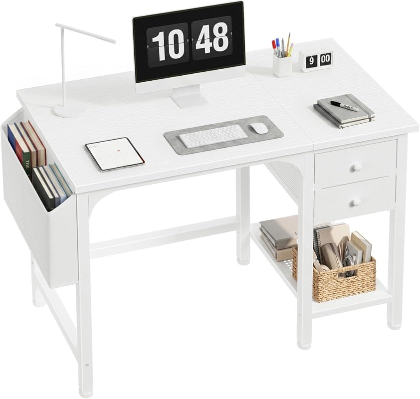 Lufeiya 40-Inch White Computer Desk with Drawers for Small Home Office Spaces