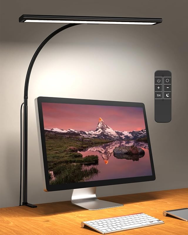 LED Desk Lamp with Remote, Adjustable Brightness, Rotatable Head, USB Adapter, Black
