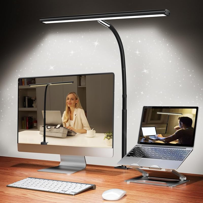 Airlonv LED Desk Lamp with Clamp, 17-Inch Stepless Dimming Light for Home Office