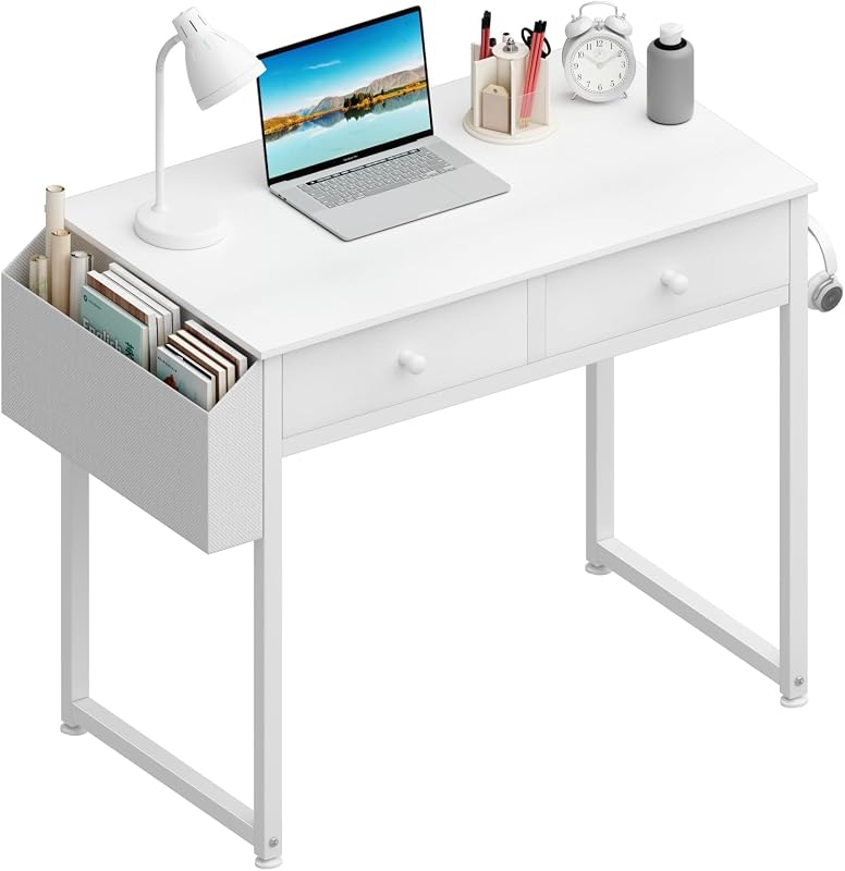 Lufeiya 32-Inch White Kids Desk with Drawers, Storage Bag, and Fabric Drawer