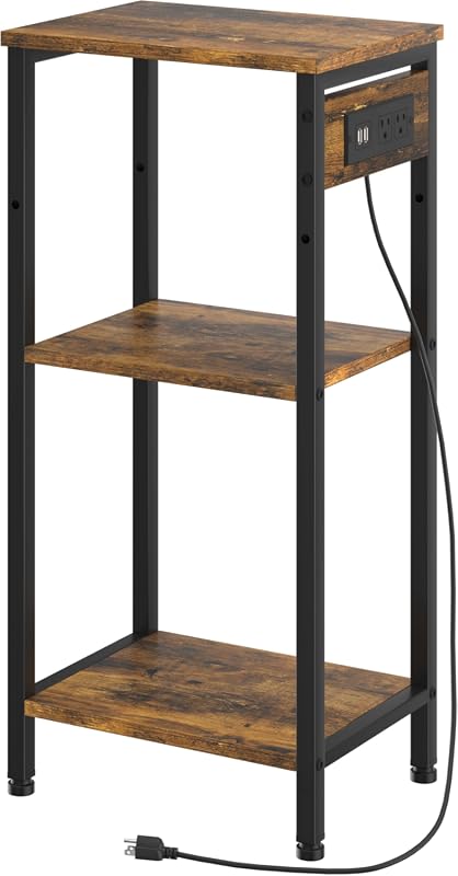 Asgolion Tall End Table with Charging Station, Narrow Side Table for Small Spaces