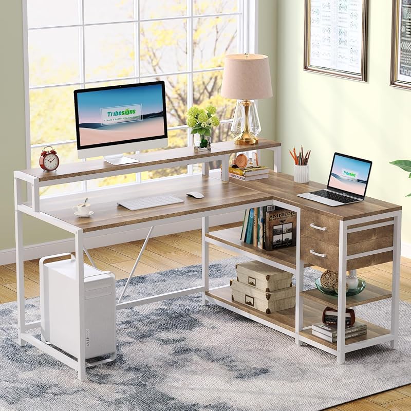 Tribesigns Reversible L-Shaped Desk with Drawer, Shelves and Monitor Stand for Home Office