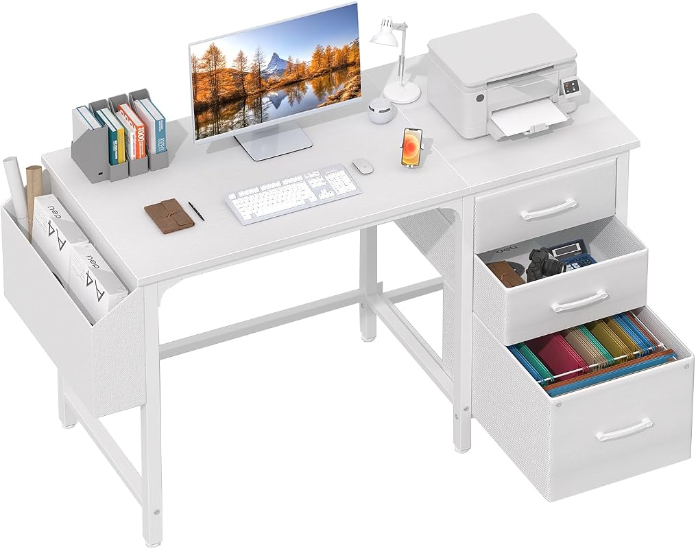 Lufeiya 47-Inch White Computer Desk with Reversible File Drawers Cabinet for Home Office