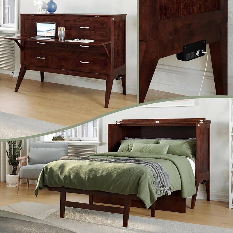 HomeStock Full Murphy Bed Desk with 6-Inch Mattress and Built-In Charger, Walnut Finish