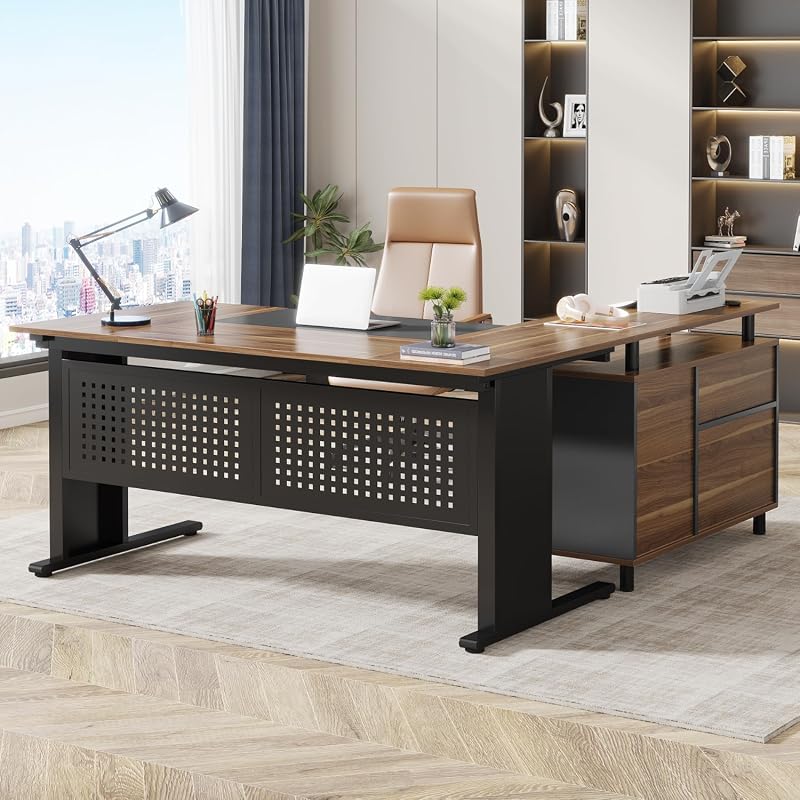 Tribesigns 63-Inch Executive L-Shaped Desk with File Cabinet, Drawers, and Storage Shelves