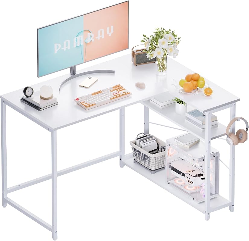 Pamray 43-Inch L-Shaped Computer Desk with Reversible Storage Shelves for Small Spaces