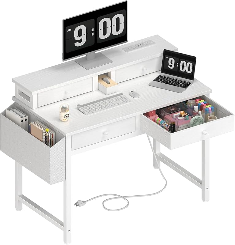 Lufeiya 32-Inch White Kids Desk with Fabric Drawers, Power Outlet, and Monitor Stand