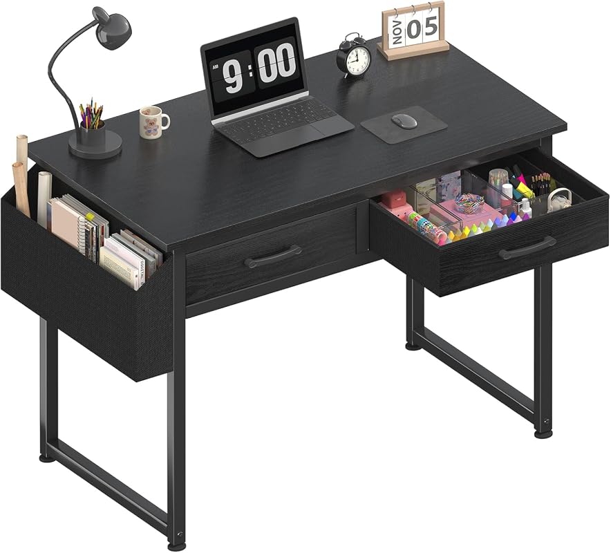 DLisiting 32-Inch Small Black Desk with Drawers for Compact Home Office Spaces