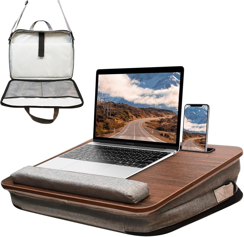 Walnut lap desk with cushion and storage for up to 15.6-inch devices