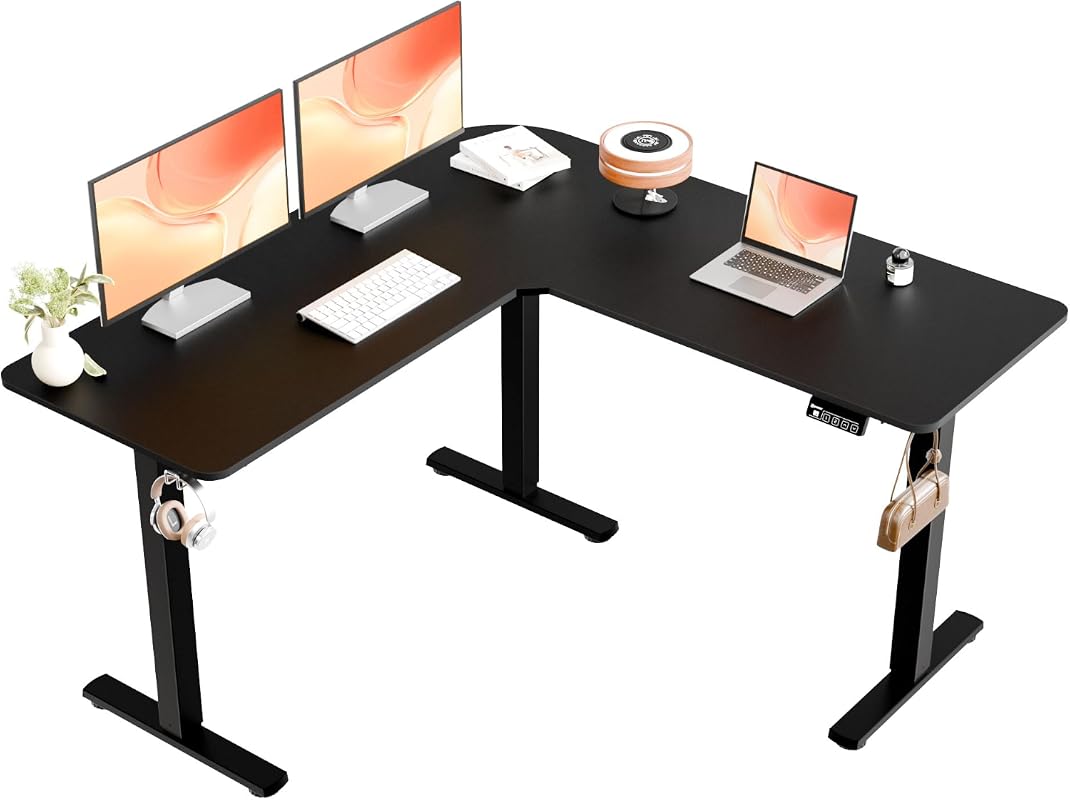 ERGOMAKER Corner Electric Standing Desk 129 x 50cm, Height Adjustable L-Shaped Home Office Desk, Black