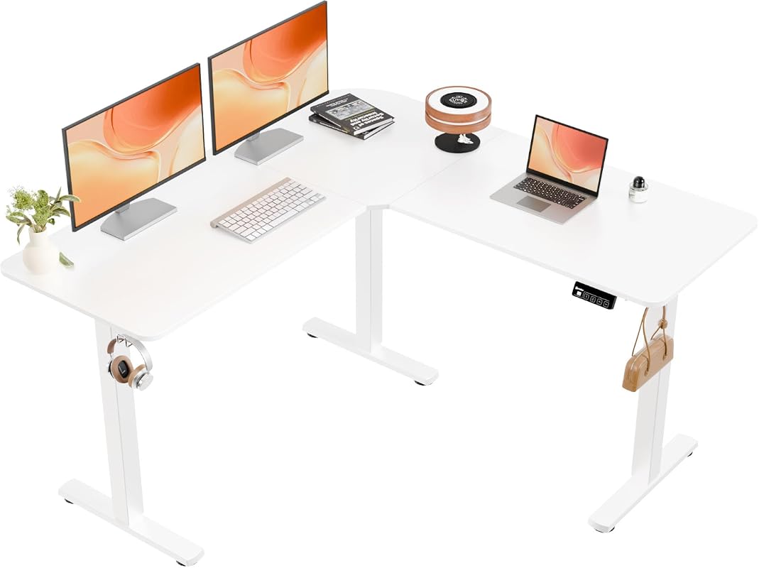 ERGOMAKER Corner Electric Standing Desk 129 x 50cm, Height Adjustable L-Shaped Home Office Desk, White