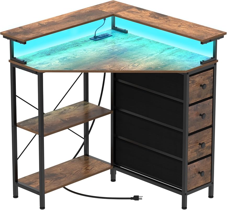 VENNQD Triangle Corner Desk with Drawers, Shelves, Power Outlets and LED Lights, Brown