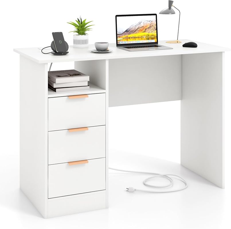 Giantex 108cm Writing Desk with Power Outlet, 3 Drawers, USB Ports and Type C