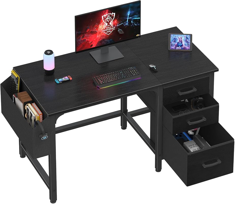 Lufeiya 47-Inch Black Computer Desk with Reversible File Drawers Cabinet for Small Spaces