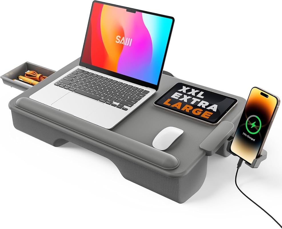 SAIJI Lap Desk with cushion, drawer storage, phone holder and wrist pad