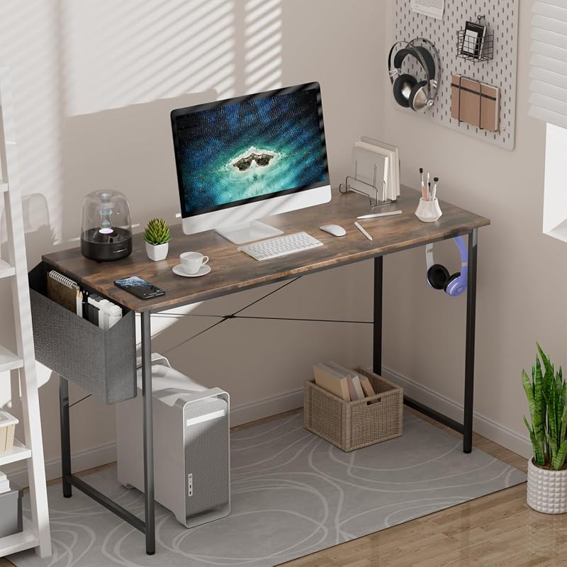Industrial 100cm Computer Desk with Storage Bag and Headphone Hook, Brown Workstation Table