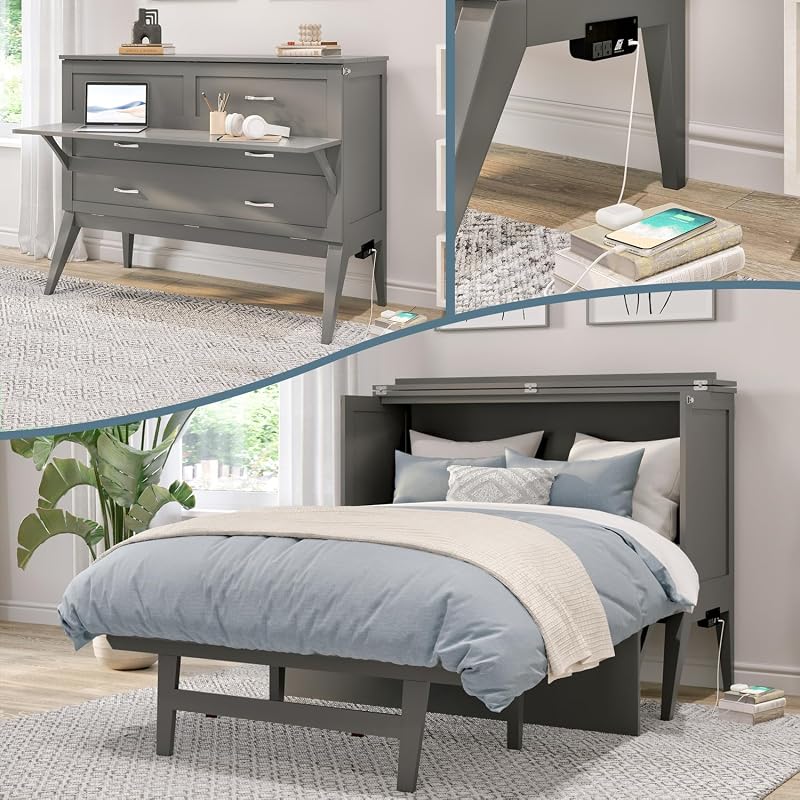 HomeStock Full Murphy Bed Desk with 6-Inch Mattress and Built-In Charger, Grey Finish