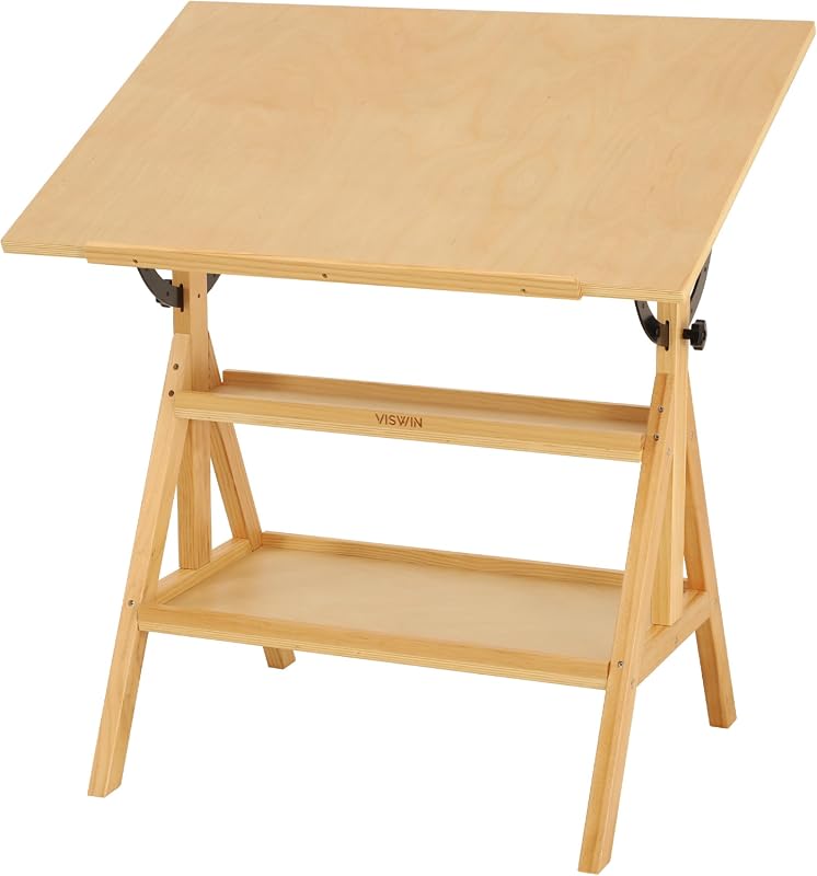 VISWIN Solid Pine Wood Drafting Table with Adjustable Angle and 2-Tier Storage Racks