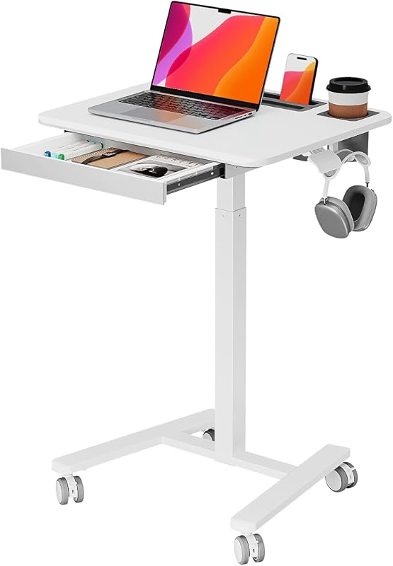 Small Mobile Standing Desk with Drawer, 23.6 x 19.7 Inch Rolling Workstation
