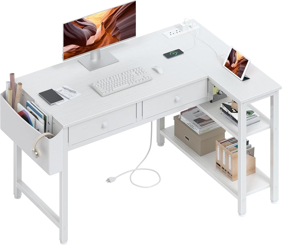 40-Inch Small White L-Shaped Corner Desk with Drawers and Storage Shelves for Home Office