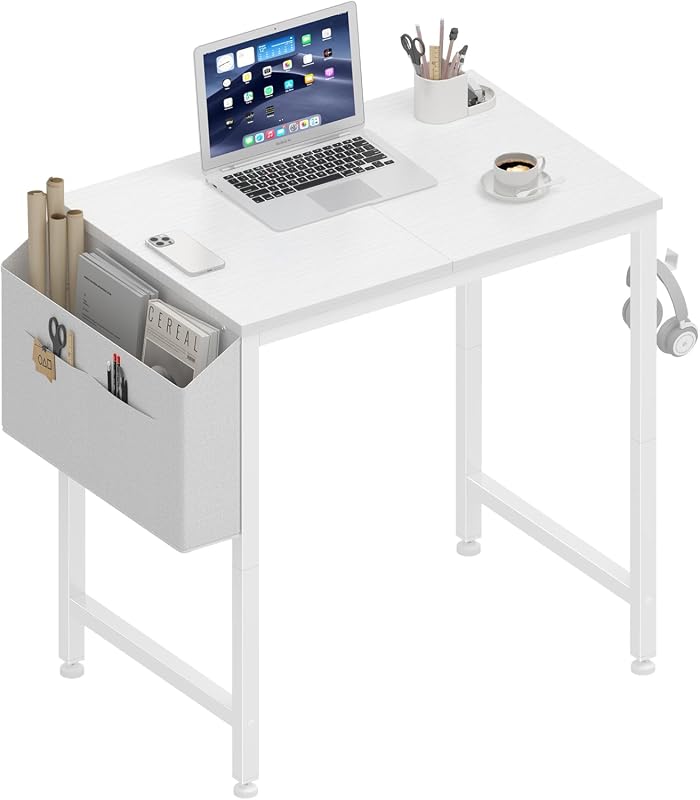 Lufeiya 24-Inch Small White Kids Desk with Storage Bag and Headphone Hook