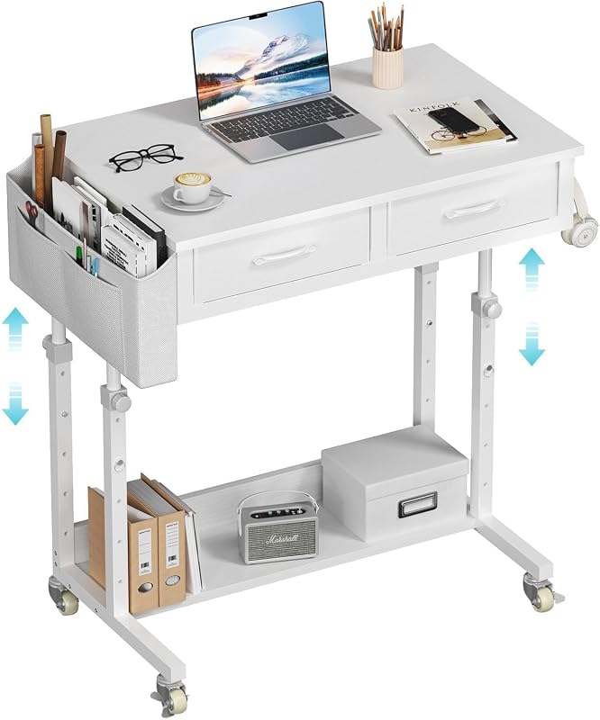 WINAZ 32-Inch Rolling Standing Desk with Drawers, Storage, and Adjustable Mobile Workstation