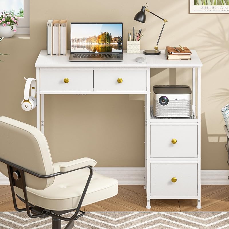 3IngSeagulls Small Computer Desk with 4 Fabric Drawers for Home Office and Bedroom