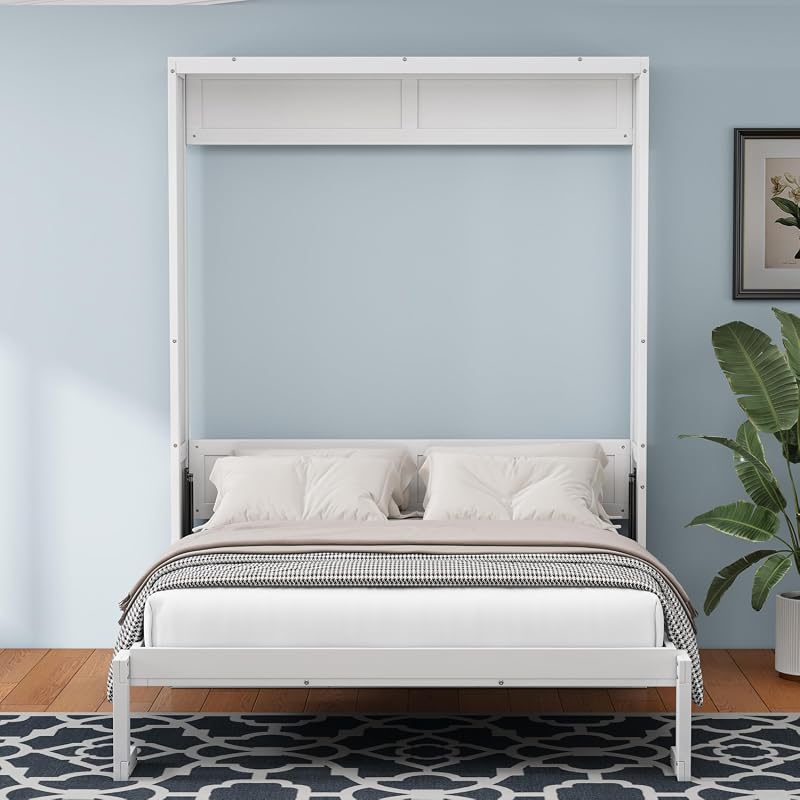 Full Size Wood Murphy Bed with Desk, USB Ports, Slats, and Space-Saving White Cabinet