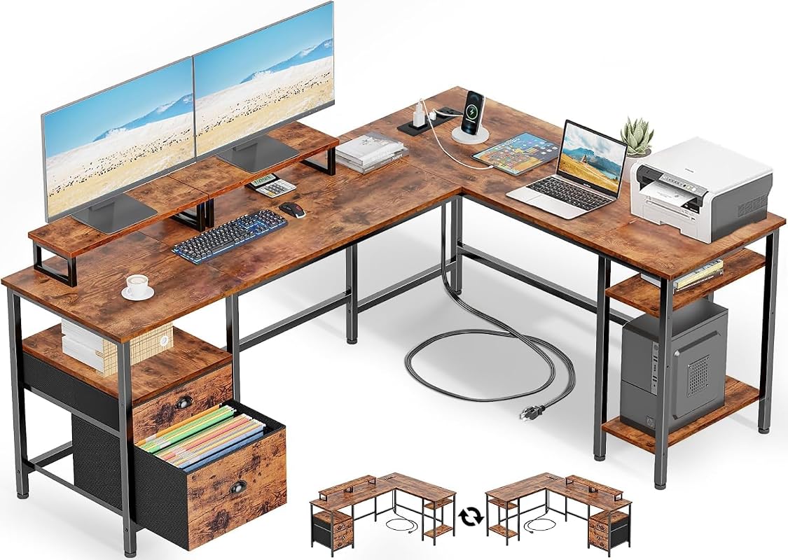 L-Shaped Desk with Monitor Stands, Storage Shelf and USB Charging Port for Work Gaming