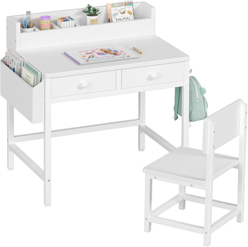 BOLUO White Kids Desk and Chair Set with Drawer for Ages 5-8