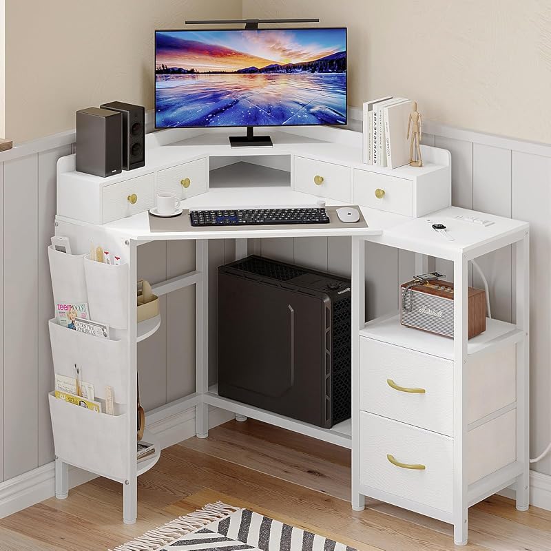 VENNQD 31.5-Inch Corner Desk with 6 Drawers, Shelves, Power Outlets and Monitor Stand