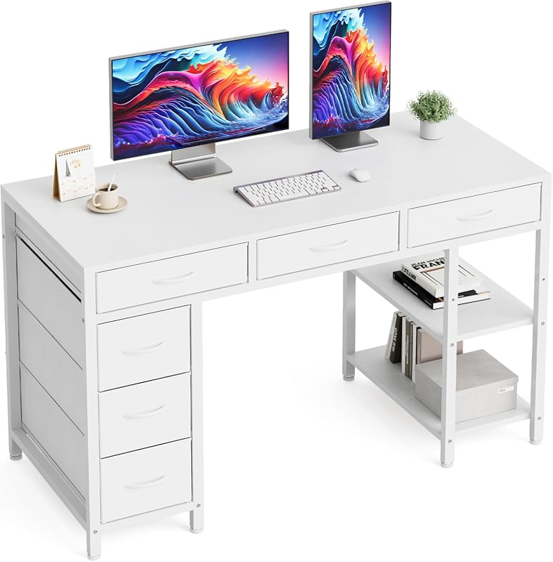 Modern 120CM Gaming Computer Desk with 6 Drawers and Reversible Storage Shelves, White
