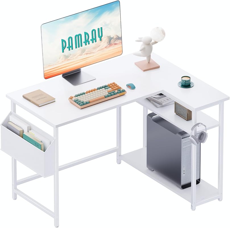 Pamray 40-Inch L-Shaped Computer Desk with Reversible Storage Shelves for Small Spaces