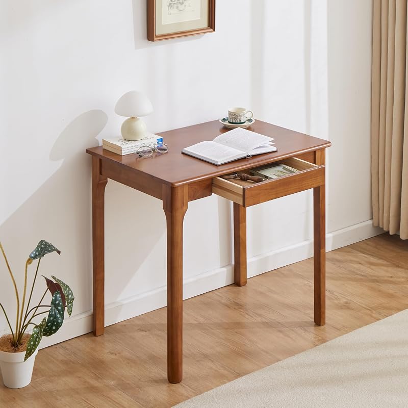Walnut Solid Wooden Desk with Drawers, 31.5-Inch Small Writing Computer Desk for Work Study Gaming